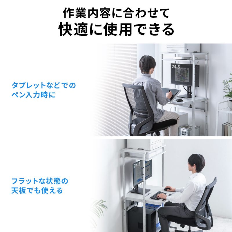 パソコンラック チルト天板 5段階角度調整 幅65×奥行60×高さ140cm キャスター付き RAC-EC20_4