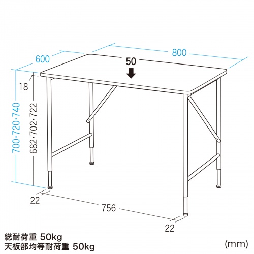 パソコンデスク マルチワークデスク W800 高さ変更 3段階 70cm 72cm 74cm 奥行60cm 大型ケーブルトレー付 アジャスター 耐荷重50kg ブラック SH-MX0860BK｜sanwadirect｜02