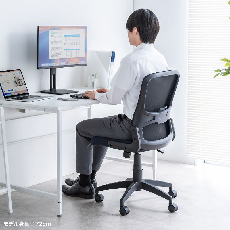 メッシュチェア 高さ調節可能ランバーサポート付 座面布生地 ロッキング 背座一体型ロッキング キャスター付 ブラック SNC-NET27BK_11