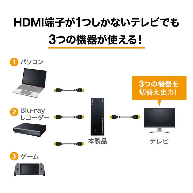 HDMI切替器 3入力1出力 4K60Hz HDR HDCP2.2対応 自動/手動切り替え（SW-HDR31L） :SW-HDR31L:サンワダイレクト  - 通販 - Yahoo!ショッピング