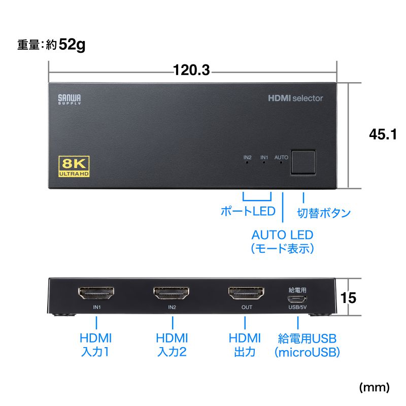 SANWA SUPPLY HDMI切替器 2入力 1出力 8K/60Hz 4K/120Hz対応