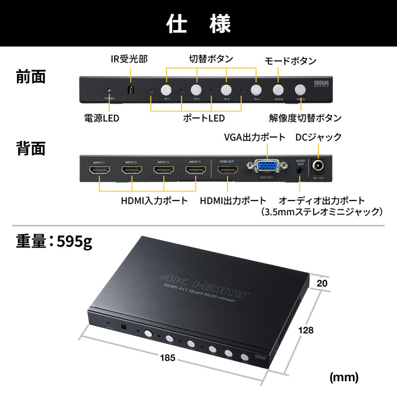 HDMI切替器 4入力 1出力 HDMI セレクター 音声出力 同時出力 4画面分割