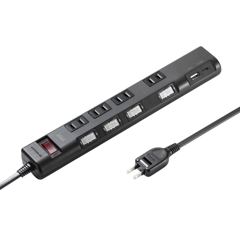 電源タップ 延長コード 節電タップ 4個口 ブラック 1m 一括集中スイッチ 個別スイッチ USB付 Type-C APD20W 雷ガード マグネット付 TAP-B107UC-1BK