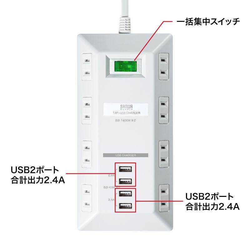 電源タップ 8個口 USBポート付き×4 平型  電源コード USBタップ 一括集中スイッチ付き  ホコリシャッター付き 2P ホワイト 3m TAP-B109U-3WN｜sanwadirect｜11