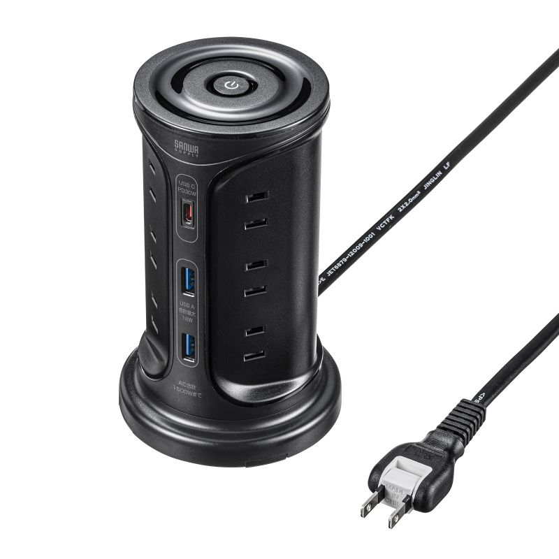 Yahoo! Yahoo!ショッピング(ヤフー ショッピング)タワー型電源タップ タワータップ USB充電対応 PD30W タイプC搭載 12個口 2m ブラック TAP-B112C1A2BK