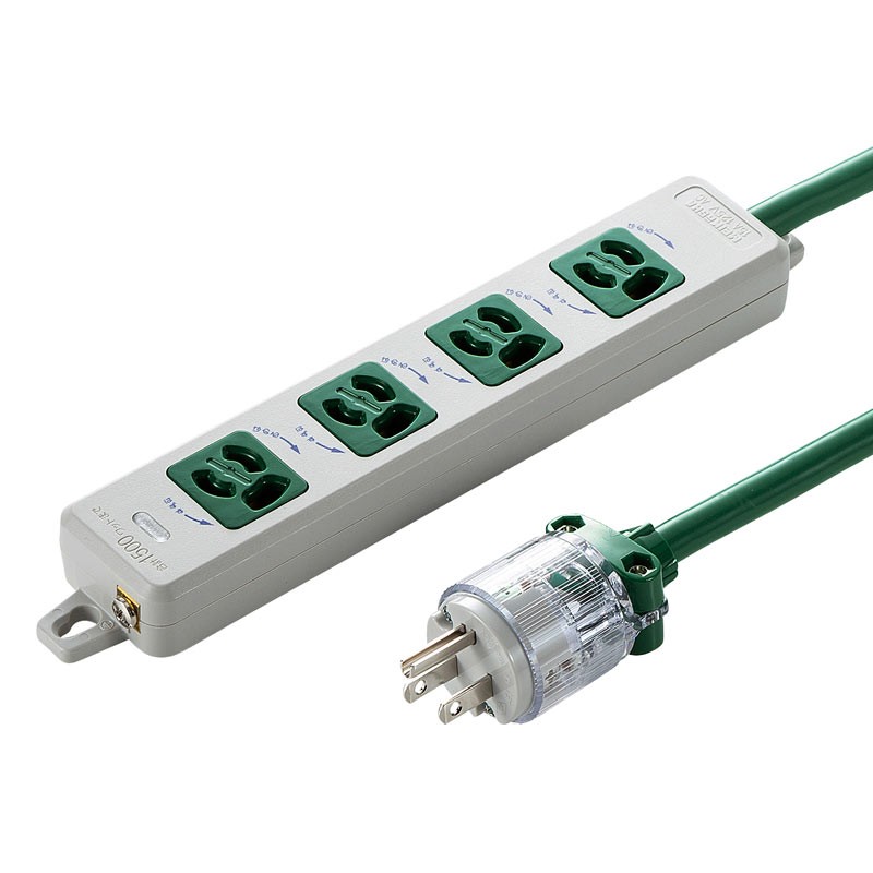 医用接地プラグ付き電源タップ 3P 4個口 グリーン 5m TAP-HPM4-5G｜sanwadirect