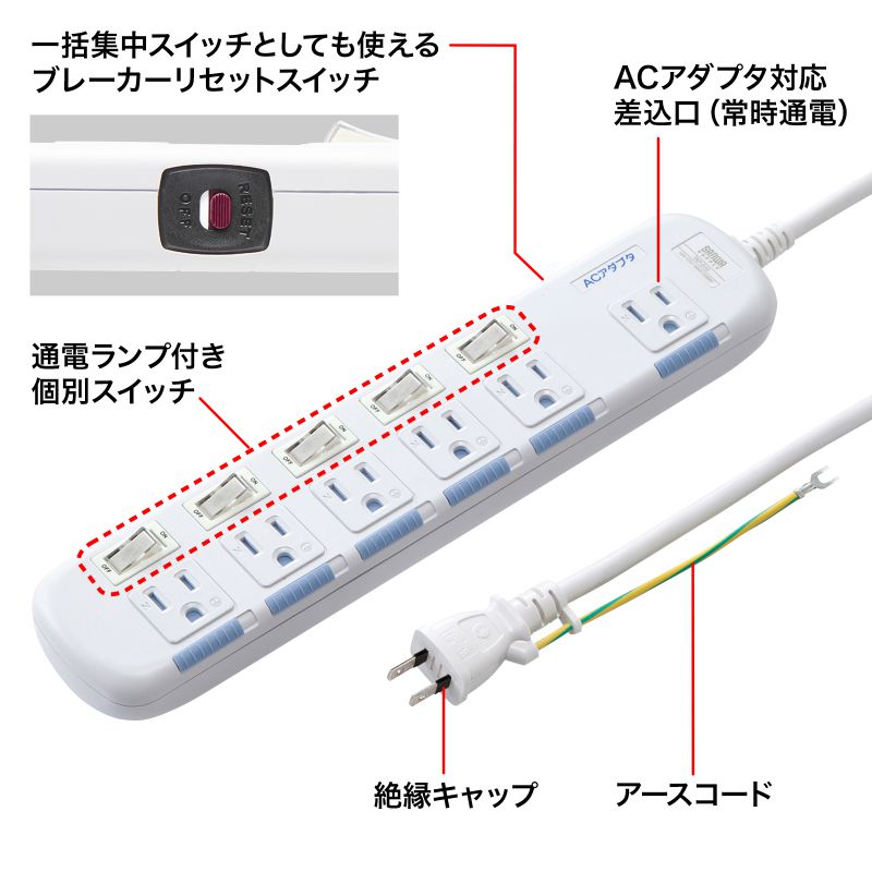 省エネタップ 電源タップ 延長コード 3P 6個口 3m 電源コード 一括集中