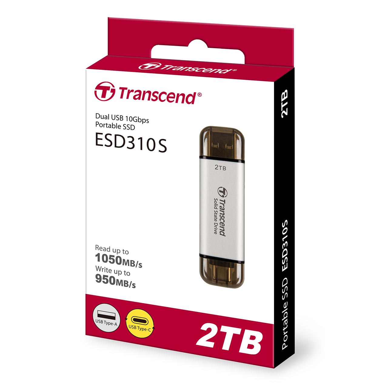 スティック型SSD SSD 外付け 2TB ポータブルSSD Type-A USB-C 両対応 タイプC テレビ iphone対応 シルバー ESD310C Transcend トランセンド  TS2TESD310Sの画像