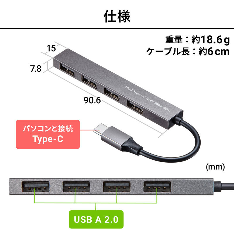 USB Type-C USB2.0 4ポート スリムハブ（USB-2TCH23SN） : usb