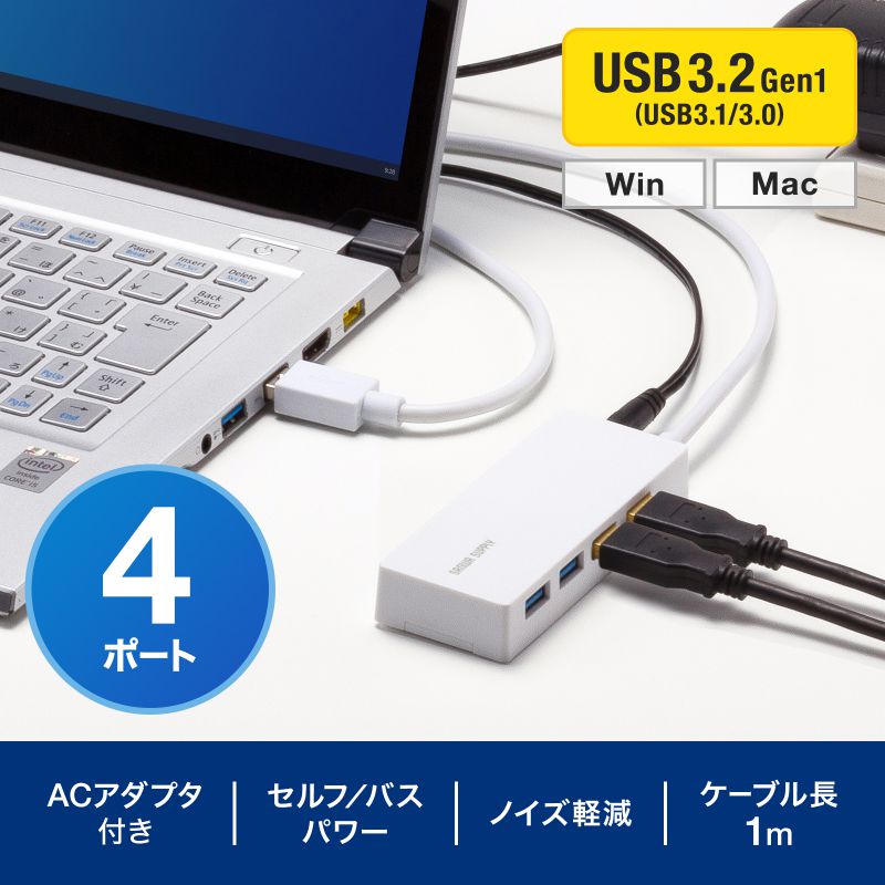 HDD接続対応 USB3.2 Gen1 4ポートハブ（USB-3HTV433W） | SANWA SUPPLY | 01