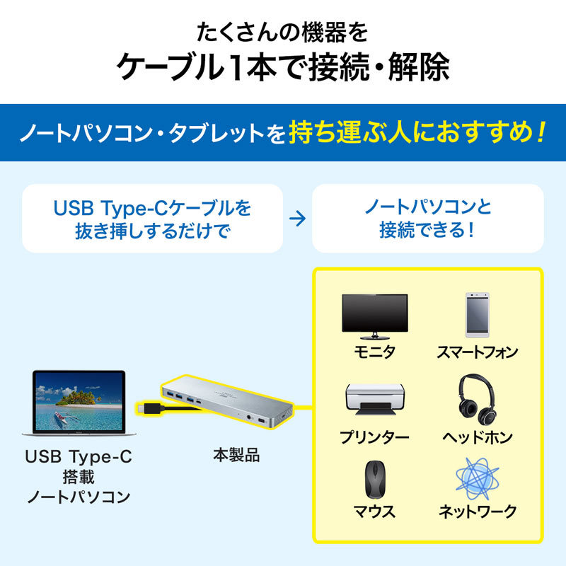 サンワサプライ USB Type-C ドッキングステーション 据え置きタイプ PD 60W対応 4K対応 9in1 HDMI×2 DisplayPort×2 Type-C×1 USB3.0×4 LAN（USB-CVDK6）