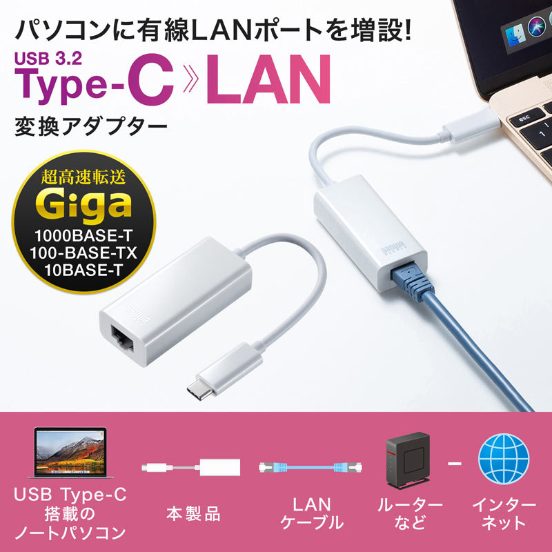 USB3.2 TypeC-LAN変換アダプタ ホワイト（USB-CVLAN2WN）｜sanwadirect｜02