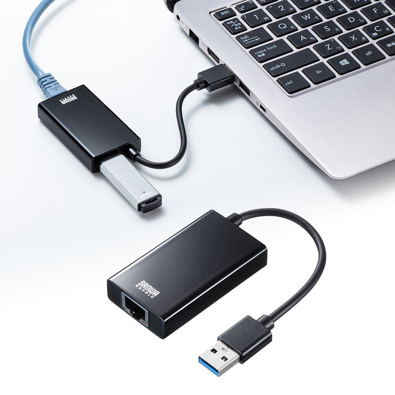 USB3.2-LAN変換アダプタ USBハブポート付 ブラック（USB-CVLAN3BKN）