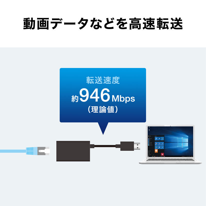 USB3.2-LAN変換アダプタ USBハブポート付 ブラック（USB-CVLAN3BKN