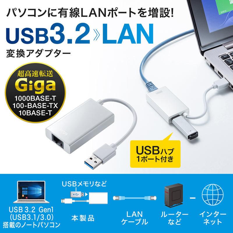 USB3.2-LAN変換アダプタ USBハブポート付 ホワイト（USB-CVLAN3WN）｜sanwadirect｜02