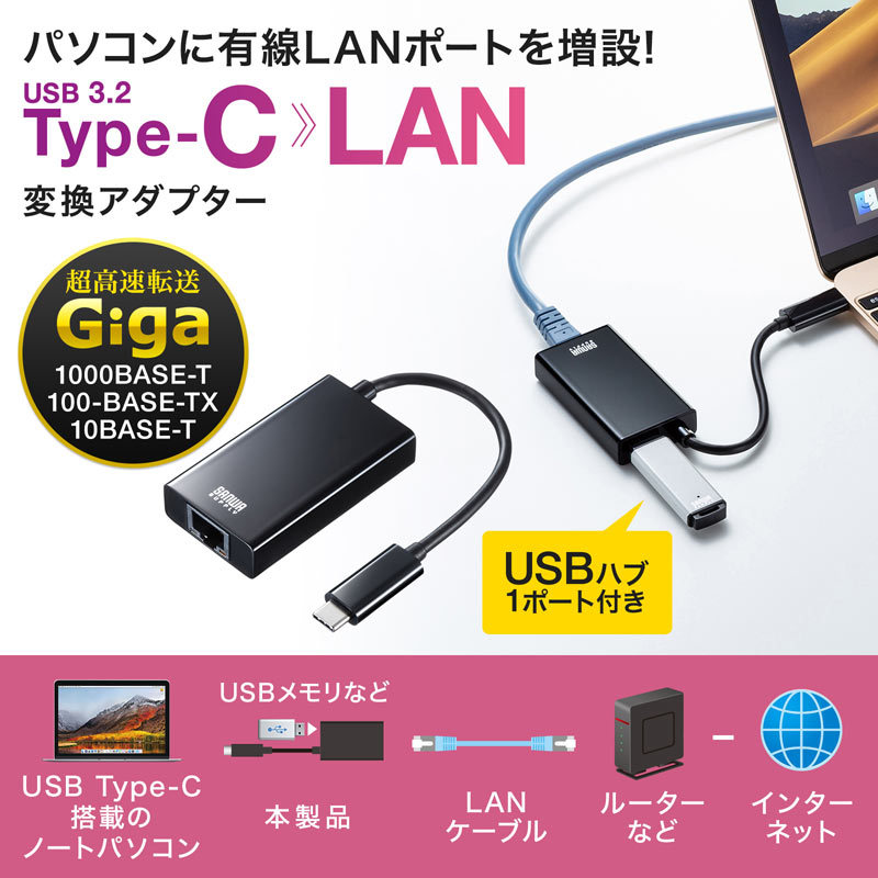 USB3.2 TypeC-LAN変換アダプタ USBハブポート付 ブラック（USB-CVLAN4BKN）｜sanwadirect｜02