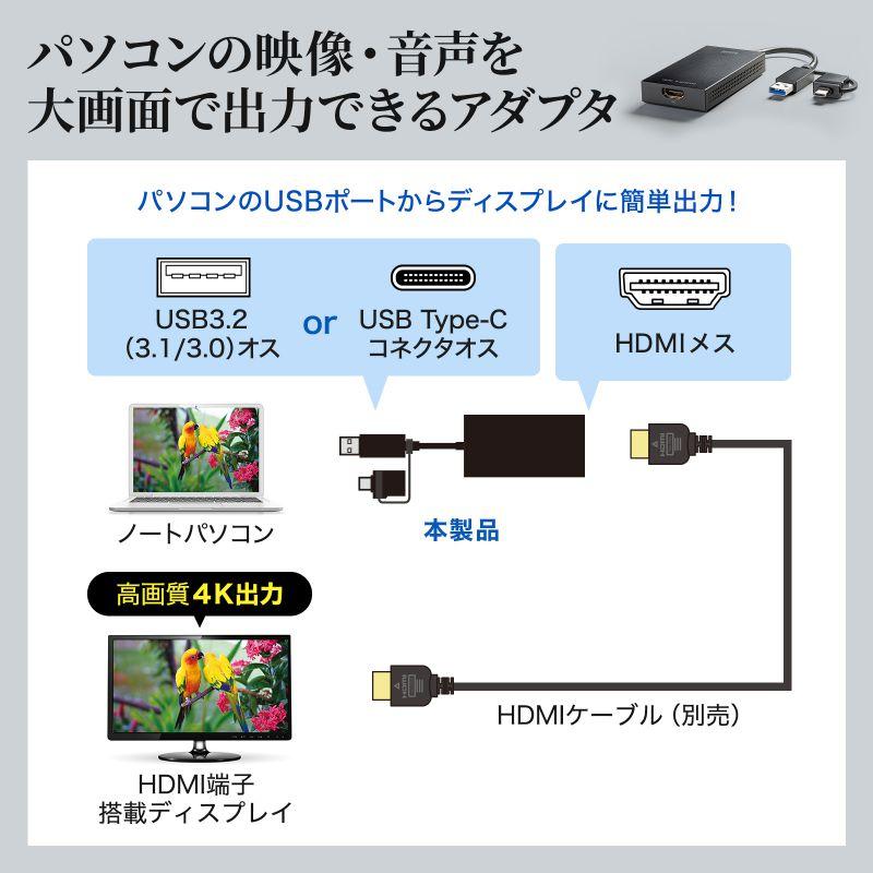 USB A/Type-C両対応 HDMIディスプレイアダプタ USBType-C-HDMI変換 変換アダプタ 4K/30Hz対応 USB-CVU3HD4｜sanwadirect｜04