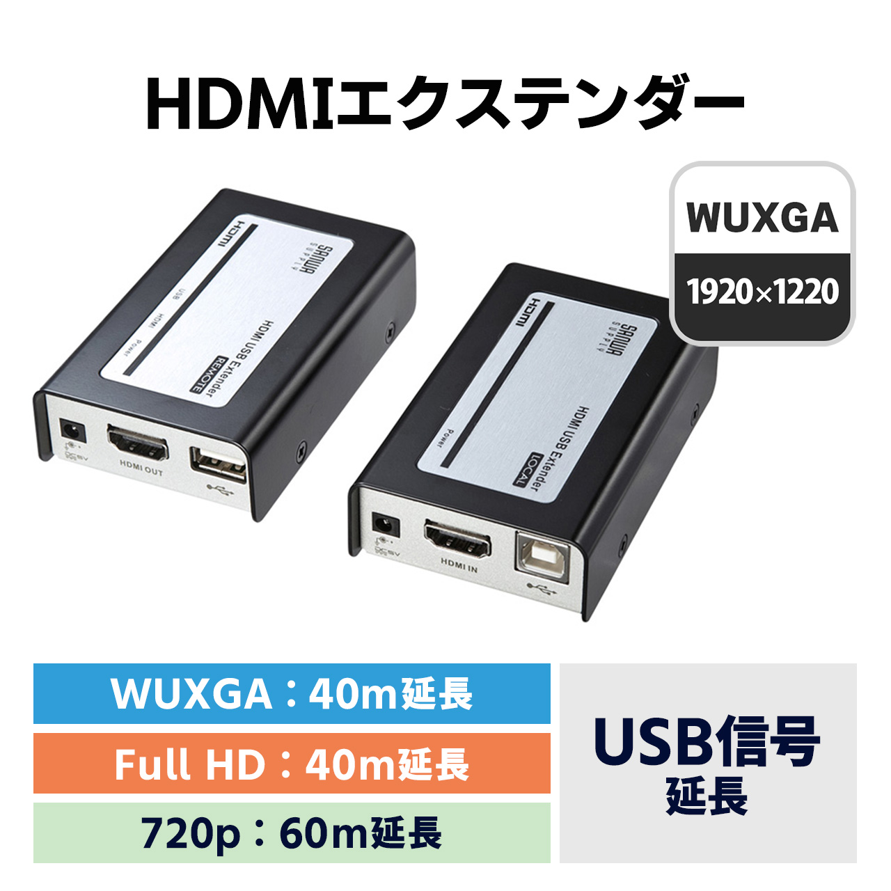 HDMI USB エクステンダー LAN 変換 延長器 最大60m 高画質 フルHD 対応 送受信 受信機 送信機 セット LANケーブル 接続 マウス キーボード USB機器 VGA-EXHDU