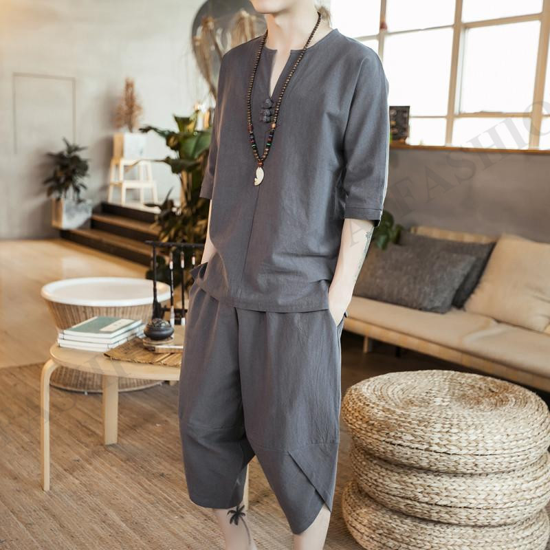 綿麻 上下セット サルエルパンツ メンズ セットアップ 半袖 大きい