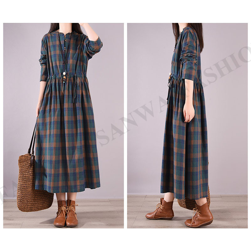 チェックワンピース 秋ワンピース ロングワンピース 長袖ワンピース