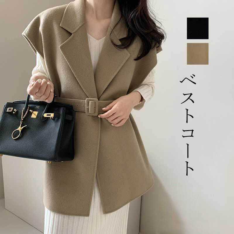 トレンチコート ベストコート 秋服 春秋 ベスト トップス レディース アウトー ジレ ノースリーブ 前開き 無地 カジュアル ベルト付き オシャレ ミディアム