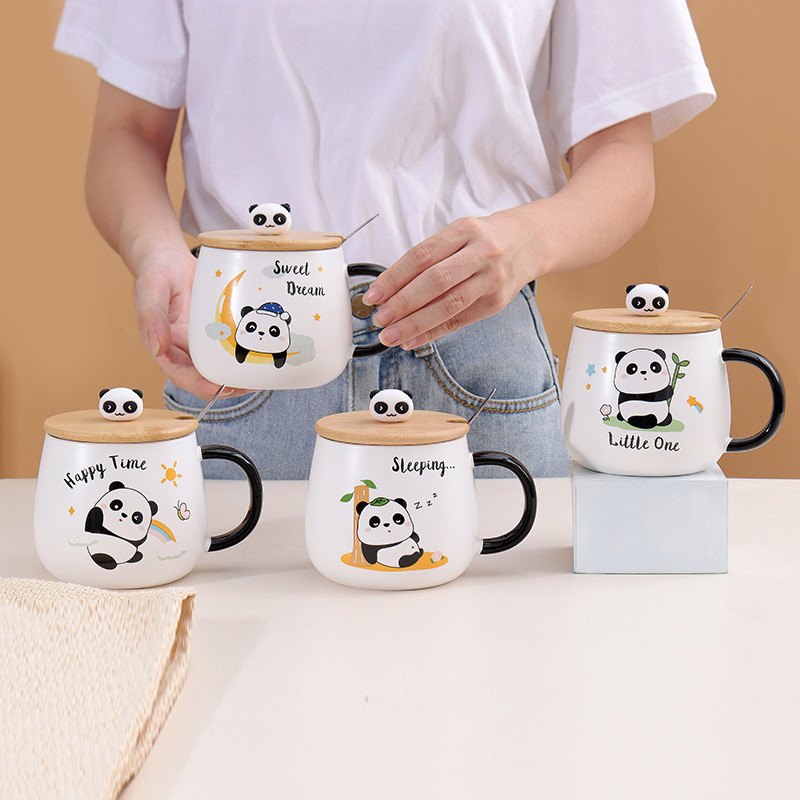 マグカップ 陶器 かわいい グッズ 雑貨 大容量 パンダ柄 蓋付き オシャレ ギフト 贈り物 プレゼント 家庭での食器セラミック 耐熱 朝食 | 