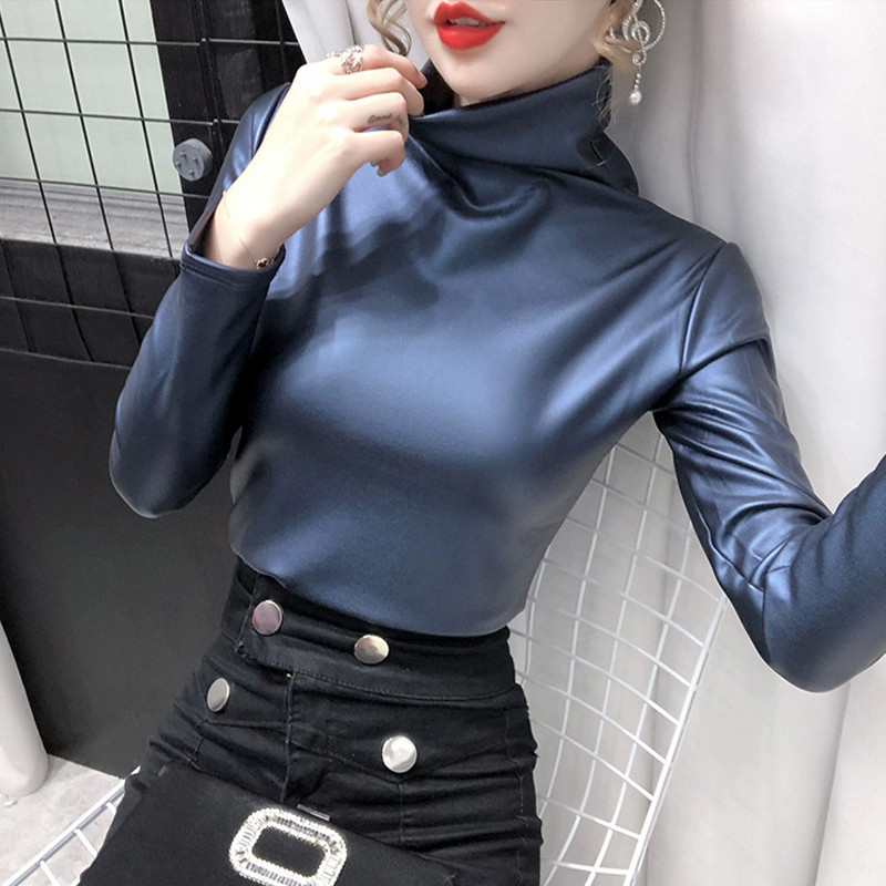 レディース PUレザー Tシャツ トップス カシュクール タイトフィット 無地 ハイネック インナー シンプル スリム 着痩せ 伸縮性 女性 おしゃれ
