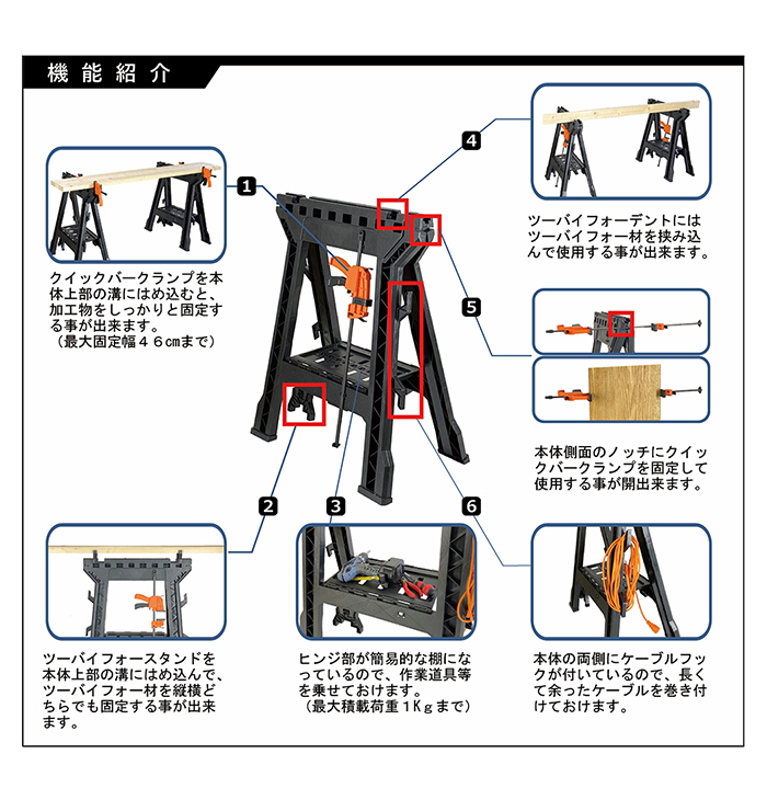 多機能ソーホース 2台セット DIY 工作台 作業台 ワークテーブル 作業テーブル 折りたたみ コンパクト｜sanyo-interior｜05