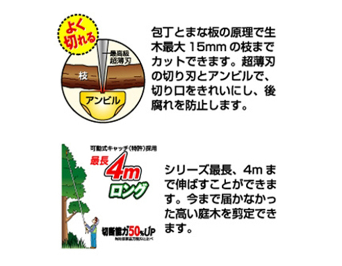 値下げ 高枝切りバサミ 1.7〜4m 3段式 24段伸縮 高枝切り はさみ キャッチ機能 アンビル刃 枝切り 果実採り 園芸 農業_1
