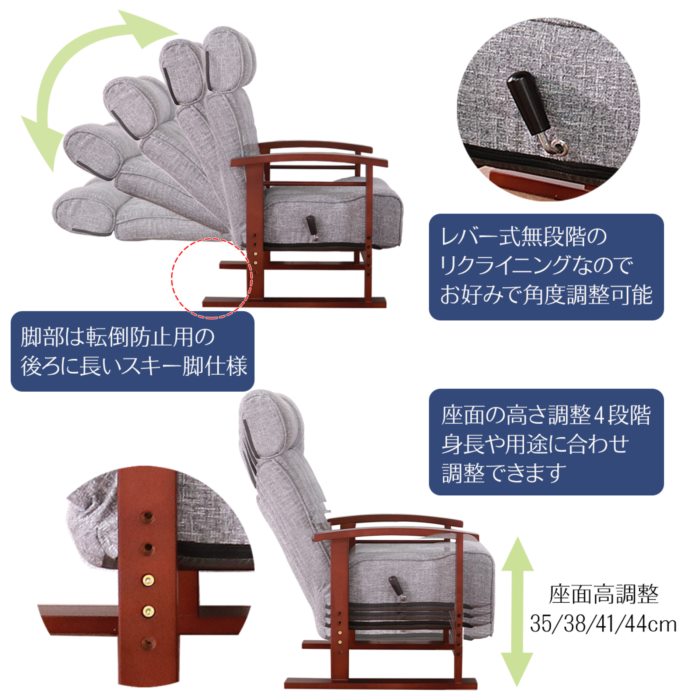 値下げ リクライニングチェア ポケットコイル リクライニング 高座椅子 高さ調節可能 リクライニング 座椅子 ファブリック 北欧 おしゃれ_3