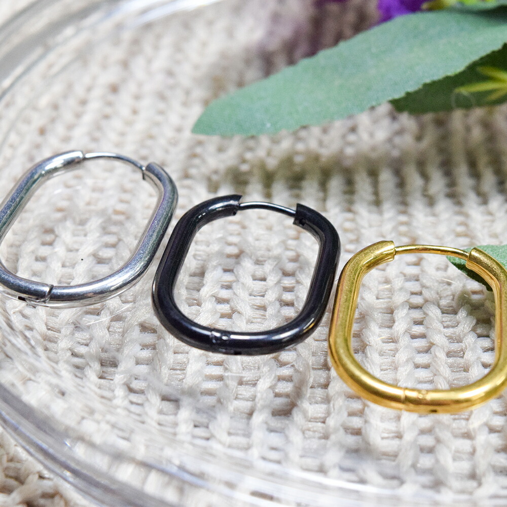 長方形 フープピアス ゴールド シルバー フープ キャッチレス ピアス 