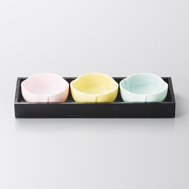 珍味小鉢陶器　箱入り4セット 和食器 小鉢用三つ仕切り木箱 箱のみ 26.5×9.7×2.7cm うつわ