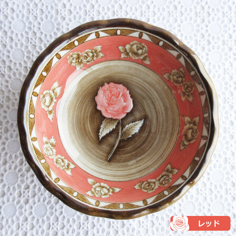 一輪ローズ フルーツ小鉢 Φ13.6cm（5色選択）/ バラ柄食器 薔薇 丸鉢