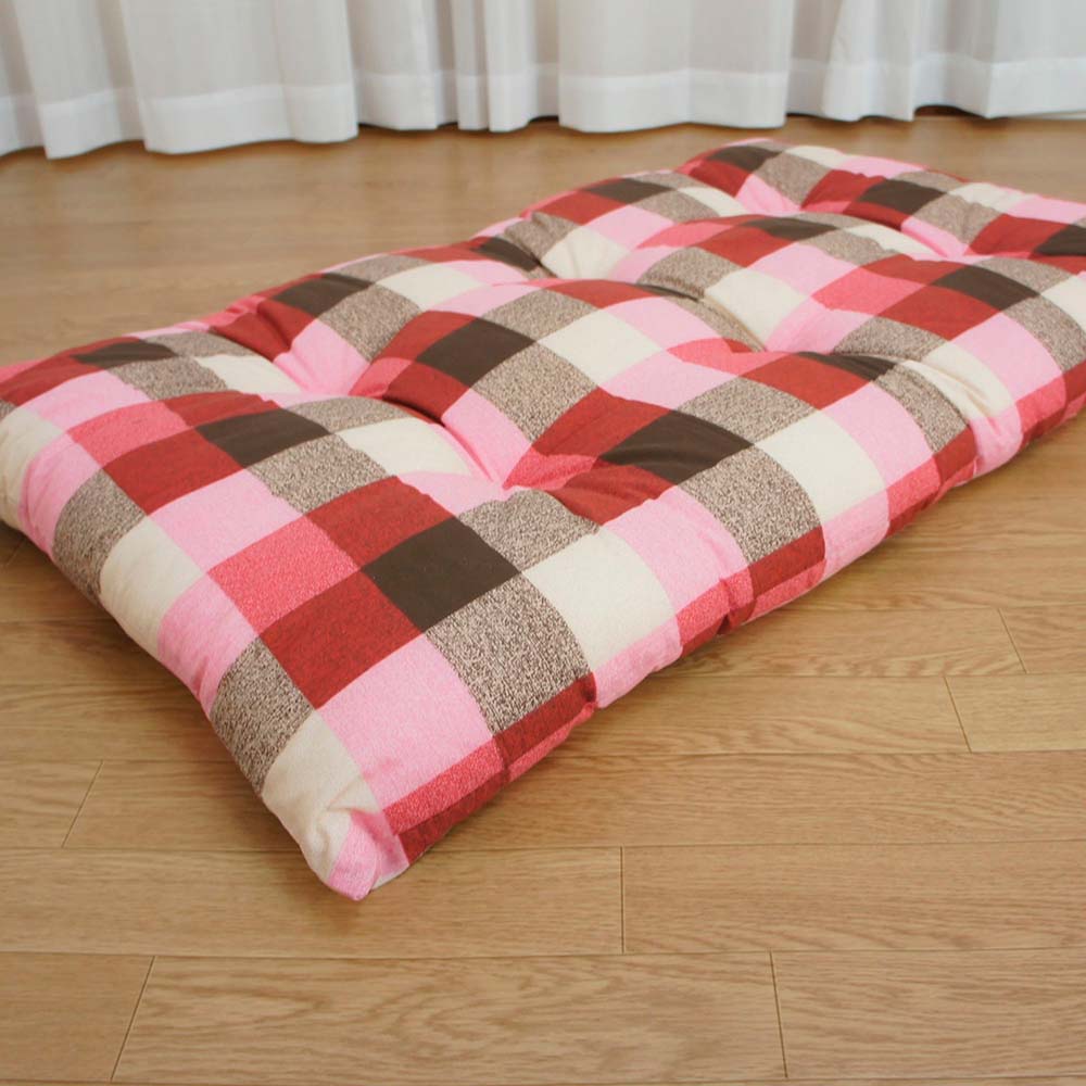 国産わた入れふっくらボリューム長座布団 チェック柄 レッド色 約