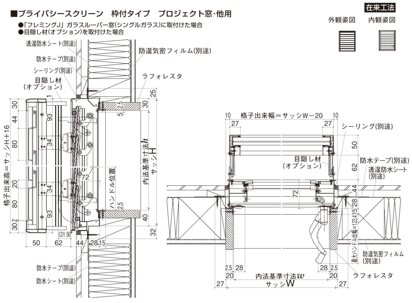 YKK プライバシースクリーン 枠付 FIX窓・上げ下げ窓・その他用 07413 ルーバー(固定) 面格子 目隠し 採光 採風 通気 換気 ポリカ