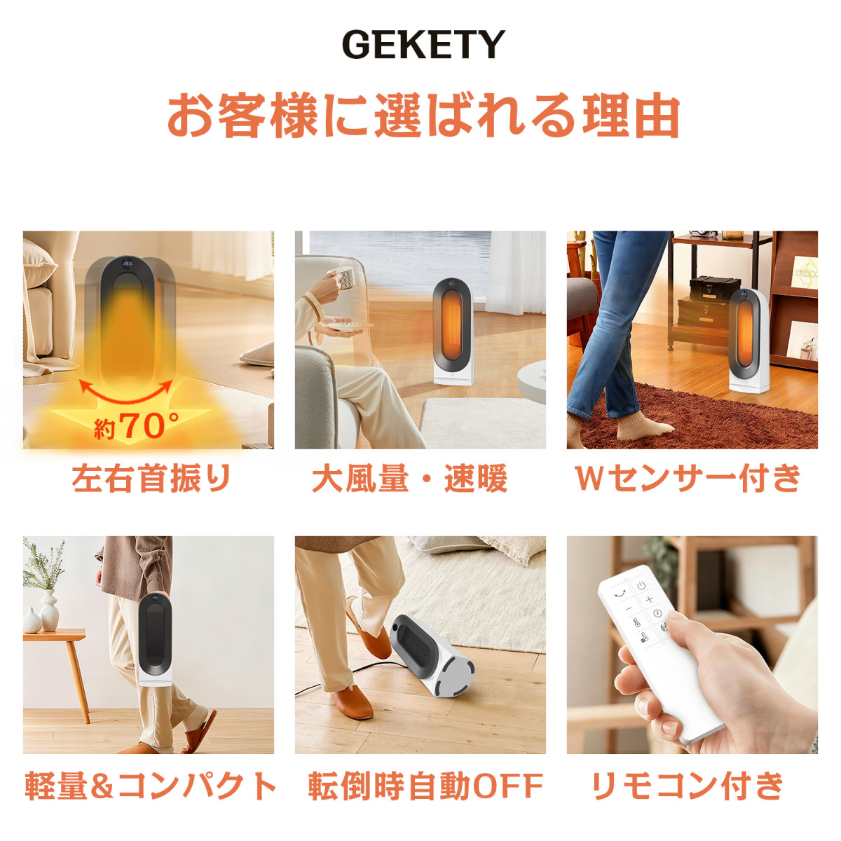 セラミックヒーター 小型 速暖 人感センサー 電気ファンヒーター 首