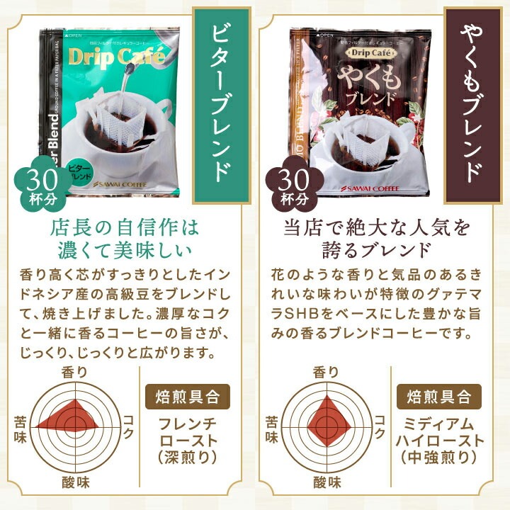澤井珈琲 ドリップバッグ ビターブレンド やくもブレンド 各30杯分 味覚チャート 焙煎具合 フレンチロースト ミディアムハイロースト