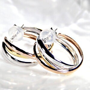 フープピアス ピアス トリプルカラー 18k 18金 YG PG 14k WG 3連 3色