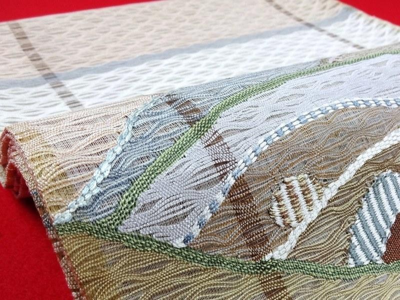袋帯 秀品 夏帯 絽 菊 金銀糸 薄茶色 お太鼓柄 正絹｜中古・古着