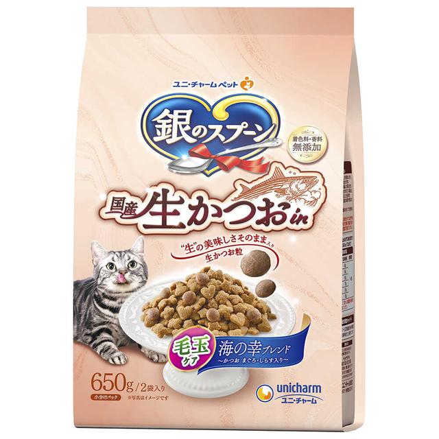 【在庫処分】[5]  ユニチャーム 銀のスプーン 国産生かつおin 毛玉ケア (650g) キャットフード  ドライフード