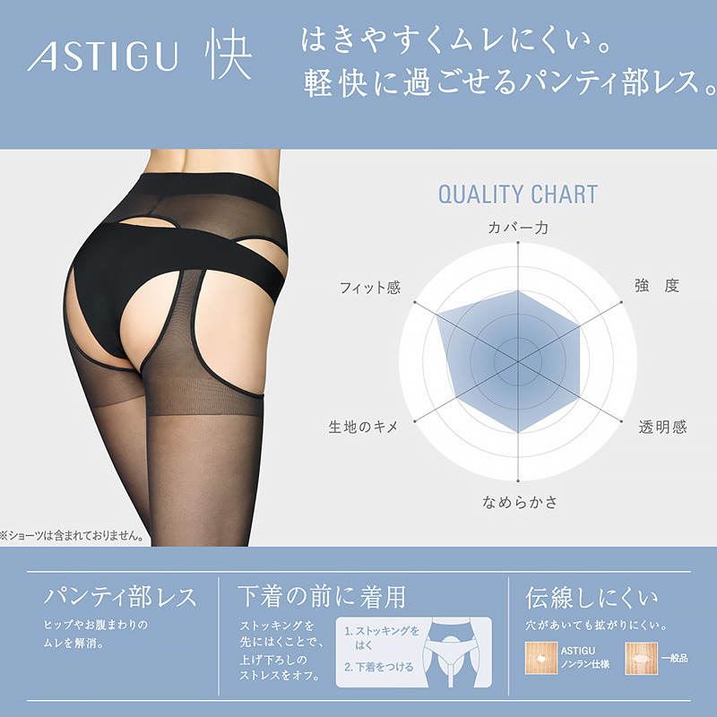 アスティーグ 快 ストッキング パンティ部レス レディース 蒸れにくい S-M〜L-LL 穴あき パンスト アツギ ASTIGU パンティストッキング サマー UVカット