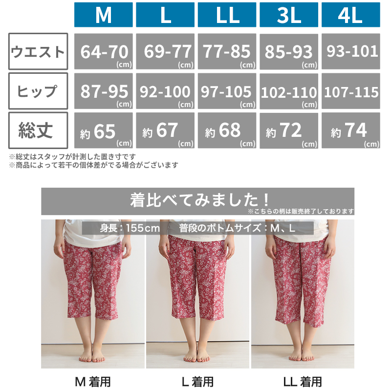 ステテコ レディース 部屋着 綿100% 夏 クレープ カプリパンツ ひざ下 ルームウェア パジャマ 夏用 M〜4L ルームパンツ ズボン ボトムス 大きいサイズ