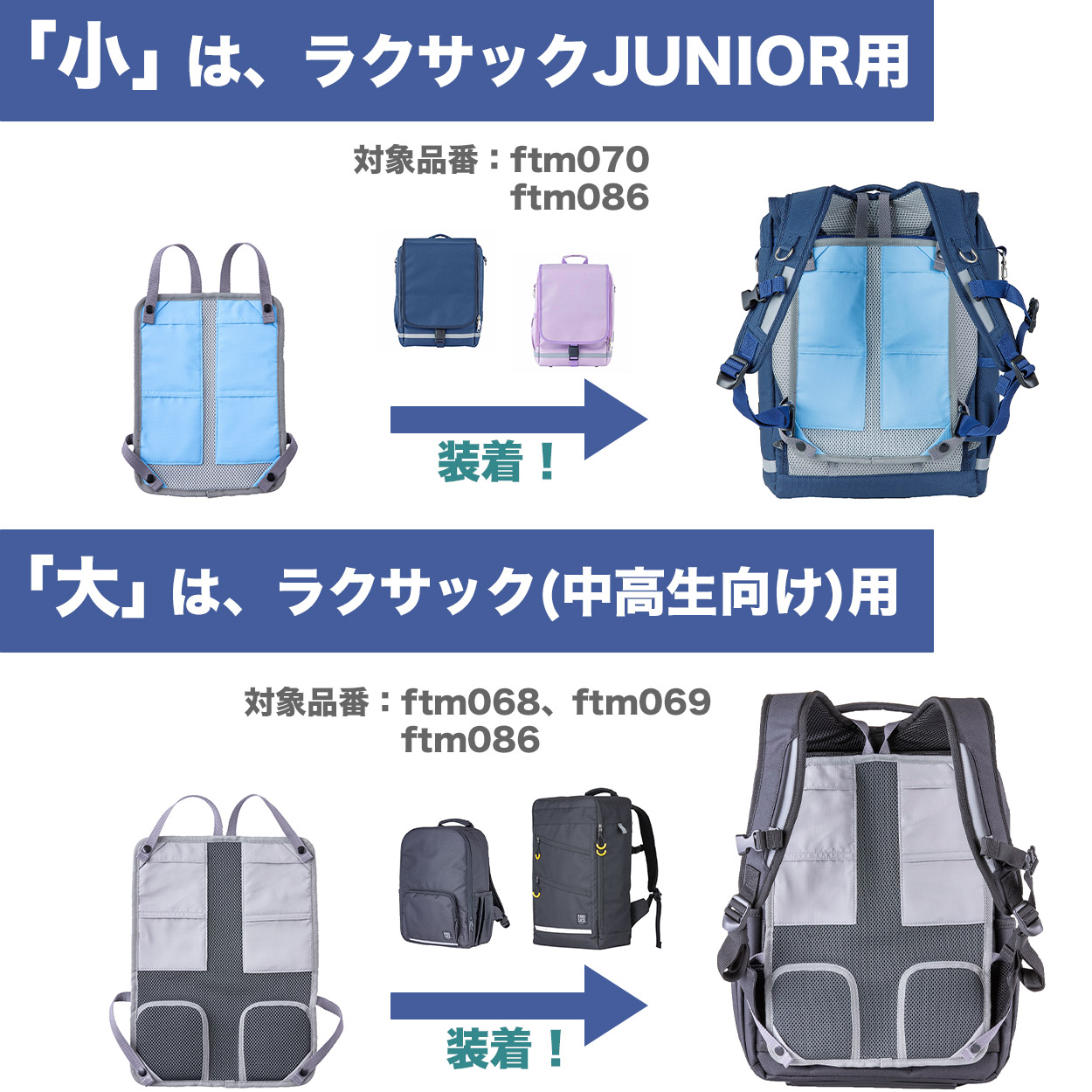ランドセル リュックサック パッド 背中 メッシュ 接触冷感 ひんやり 保冷剤ポケット クール 涼しい 蒸れない 通気性 背当て フットマーク ラクサック 大/小