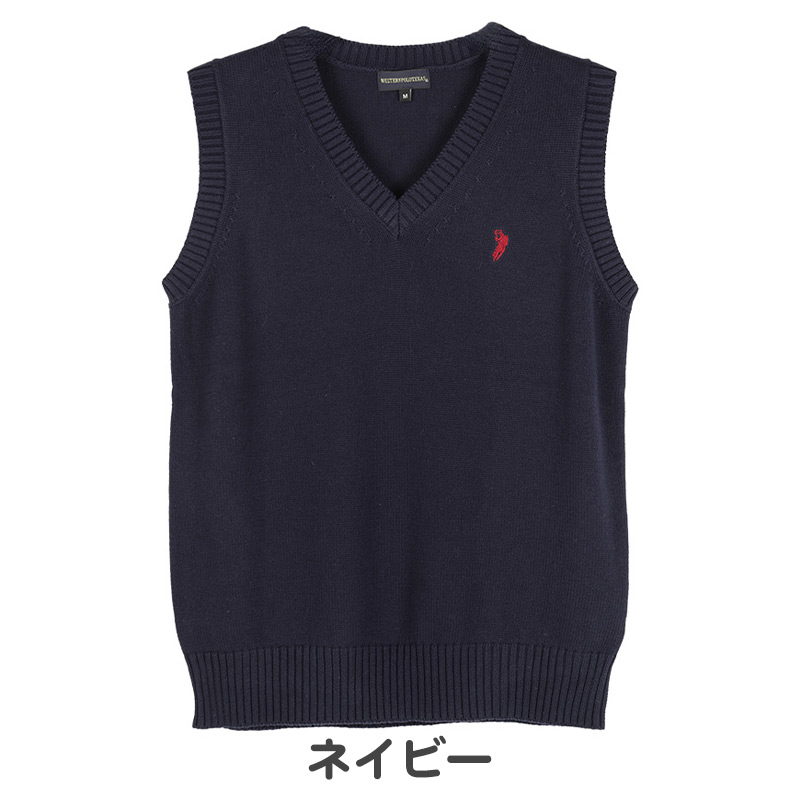 スクールベスト 女子 男子 学生 綿100％ スクール ニット 制服 ベスト vネック M L 紺 黒 ワンポイント 刺繍 学校 ノースリーブ セーター