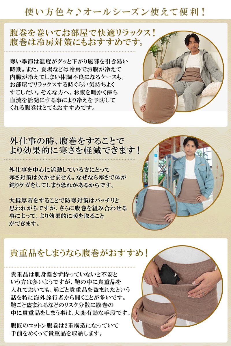Suteteko メンズ 純毛100% タイコ型腹巻 二重タイプ M〜LL (男性 腹巻き ハラマキ はらまき 防寒グッズ あったかグッズ 寒さ対策 オールシーズン)