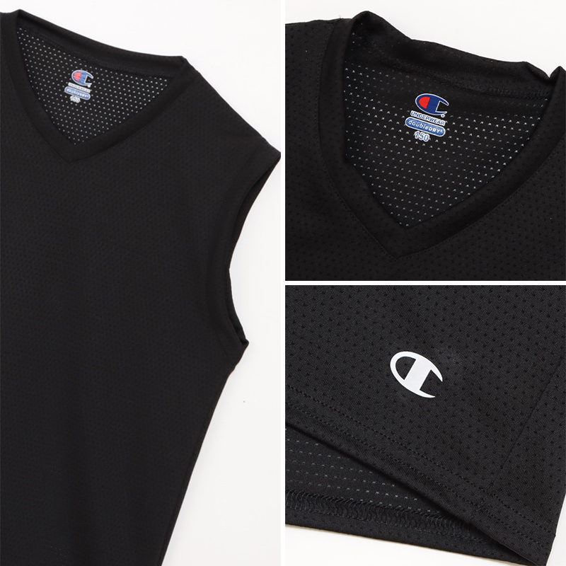 Champion キッズ インナー メッシュ ノースリーブ 男の子 Vネック 2枚組 130cm〜160cm 下着 tシャツ 子供 男子 肌着 吸汗速乾 スポーツ 白 黒 薄手