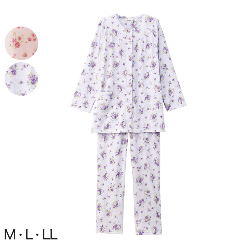 婦人 ワンタッチテープ＋腰開きパジャマ 上下セット M〜LL (レディース 綿混 ワンタッチテープ マジックテープ式 おむつ交換 介護)（送料無料） (取寄せ)