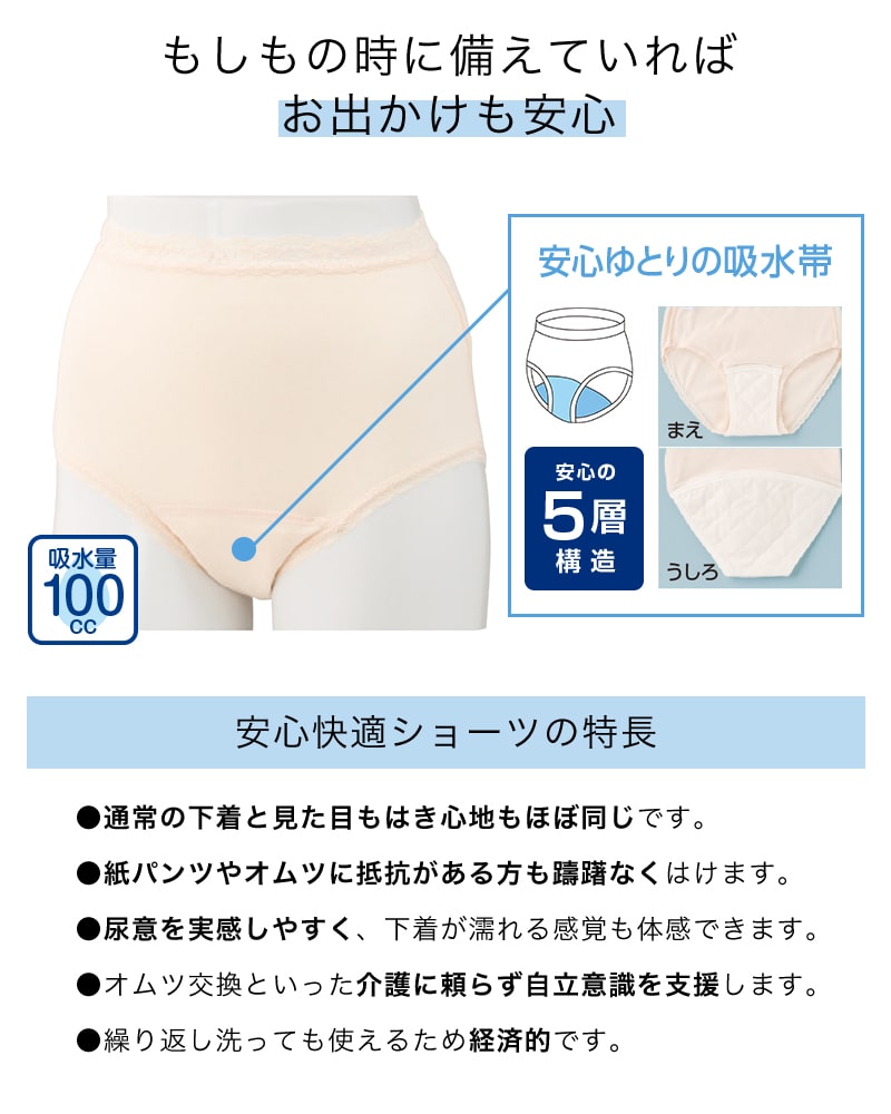 婦人 100cc対応 安心快適ショーツ M〜LL (大失禁 尿漏れ レディース パンティー 吸水)