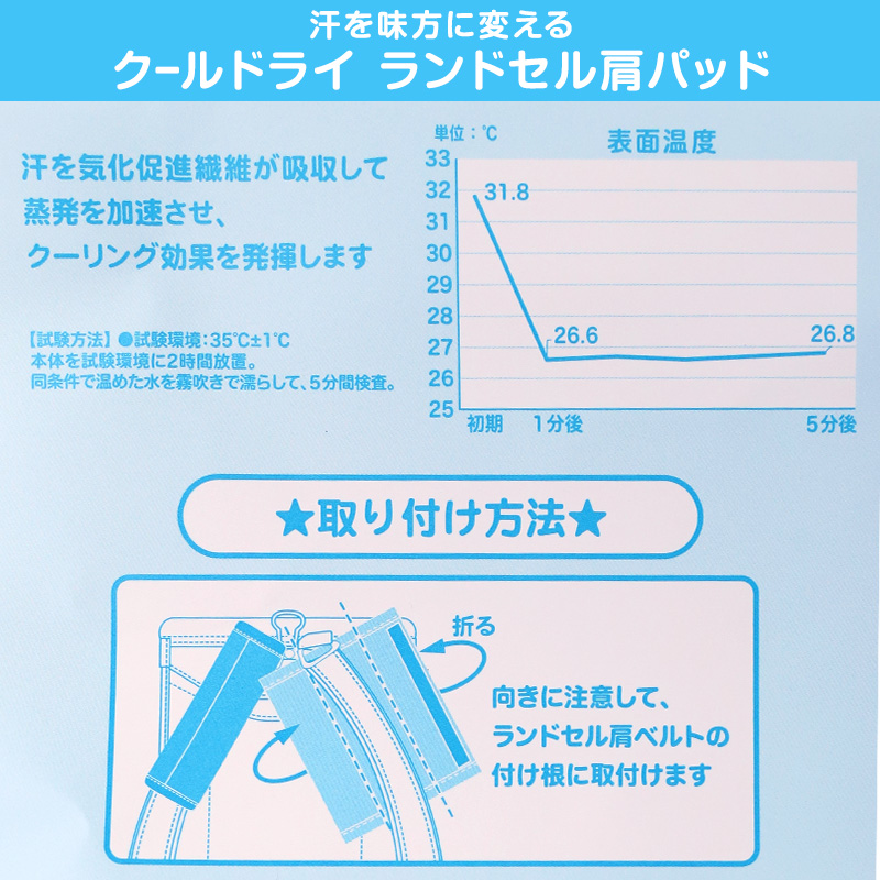 ランドセル 肩パッド クールドライ 痛くない 横幅約5cm 肩痛対策 通気性 汗 クッション 日本製 シンプル 男の子 女の子 小学生 夏場 蒸れ対策 洗える フィット感