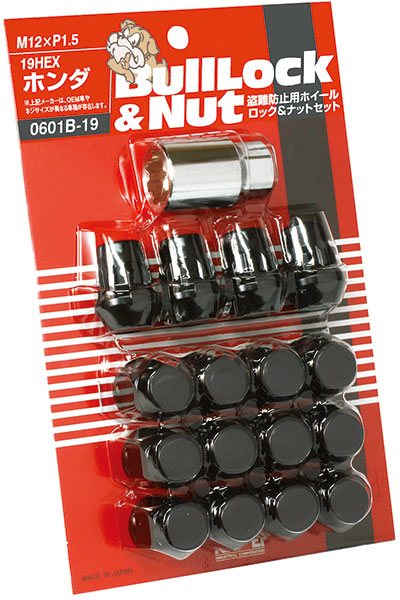 協永産業 ブルロック ロック＆ナット セット 袋タイプ 19HEX M12×P1.5 4H車用 16pcs ブラック / Bull Lock&Nut (0601B-19) KYO-EI | KYO-EI